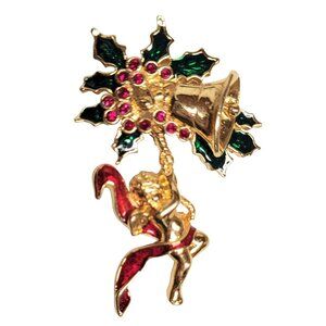 Smithsonian Gold Tone Red Enamel Holly Leaves Bell Cherub Pin Brooch,  Signed